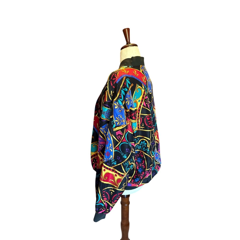 Vintage 80s Silk Satin Bomber Jacket | Abstract Baroque Print | OSFM - Picture 5 of 12